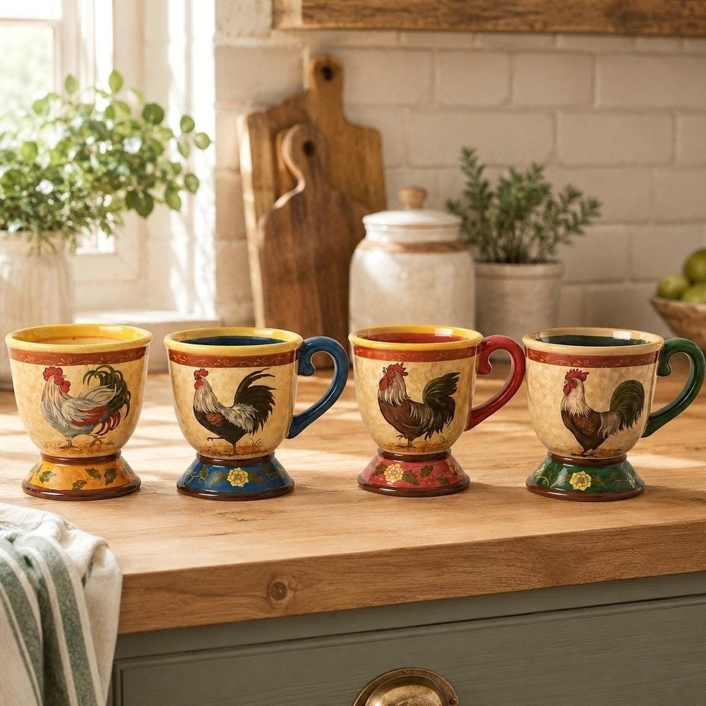 Vintage Rooster Pedestal Mugs Set of 4 - Multicolor Farmhouse Coffee Cups 10oz